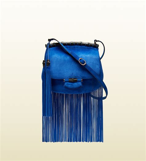 gucci blue suede fringe bag|Gucci small shoulder bags.